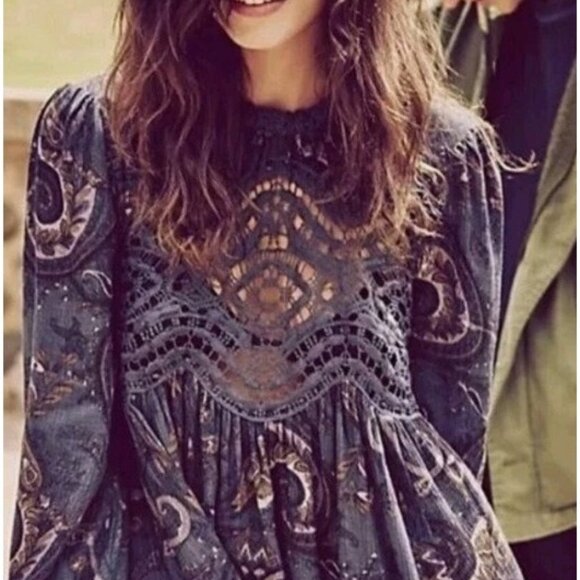 Free People Boho Hippie Lace Whimsigoth Paisley Sz XS Tunic Mini Dress Burgundy - Picture 3 of 12